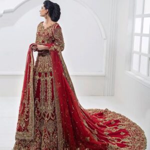 Designer red bridal long trail lehenga with handwork