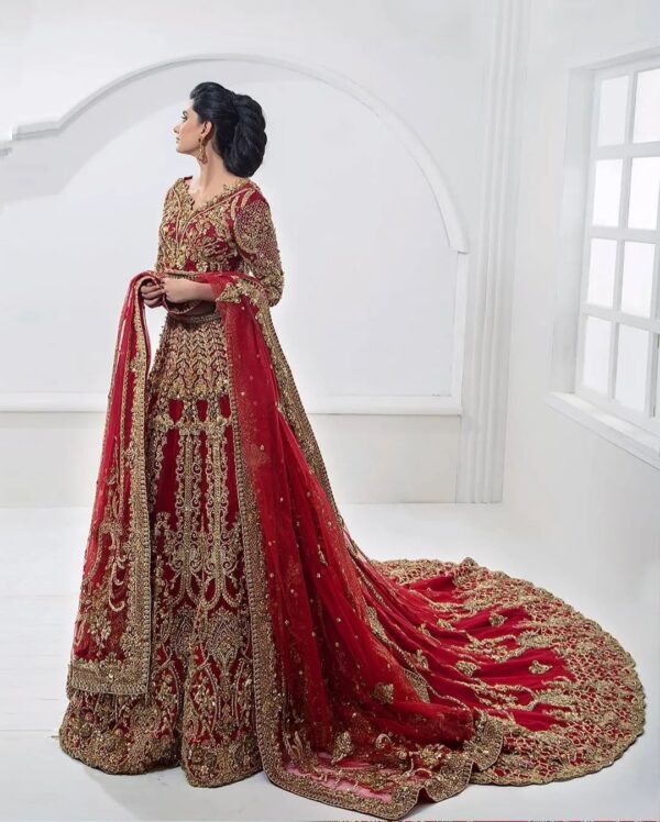 Designer red bridal long trail lehenga with handwork