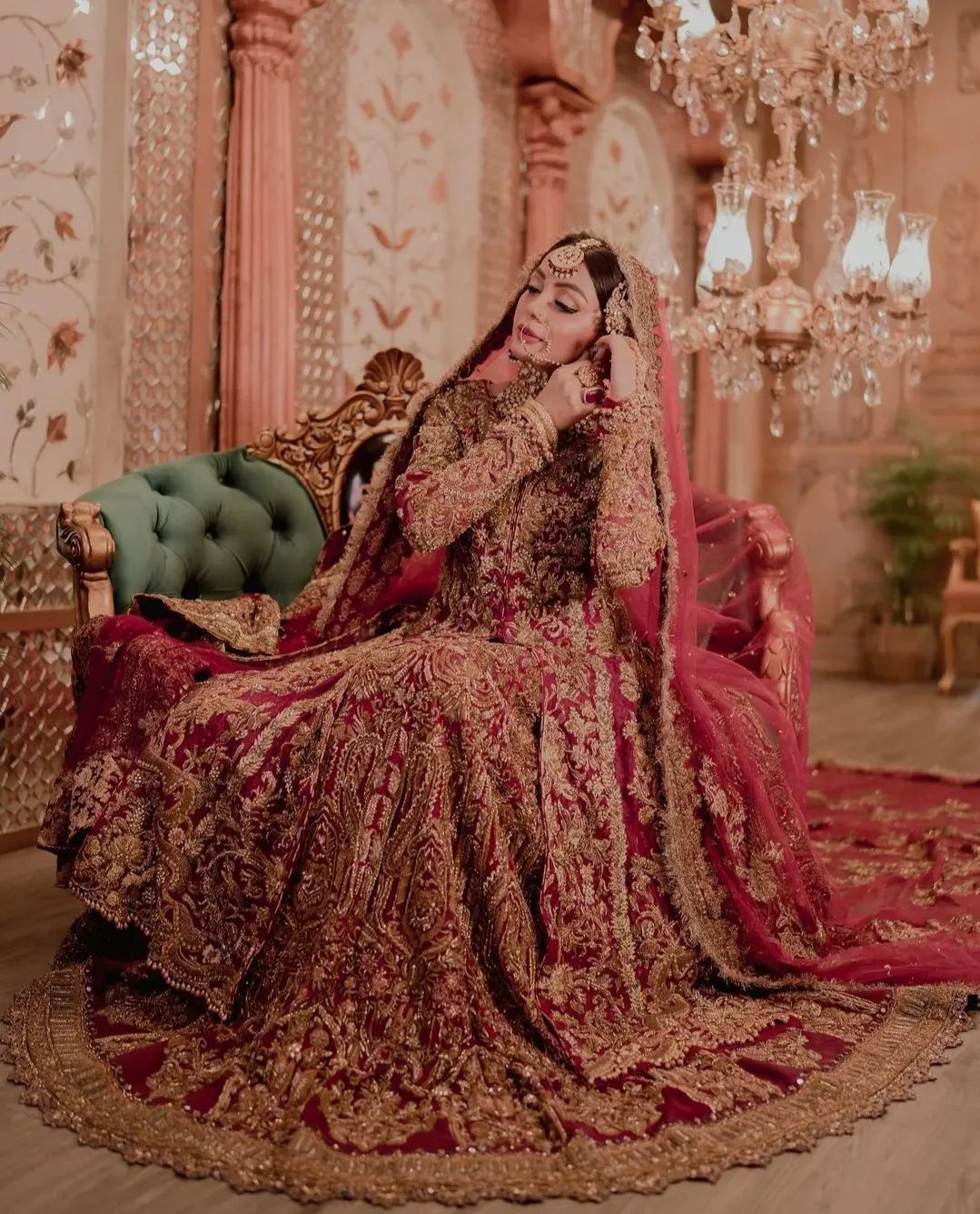 Designer Red Pakistani Bridal Lehenga with Split Anarkali and Embellishment