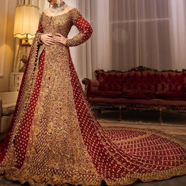 Pakistani red and golden bridal split anarkali with embroidery