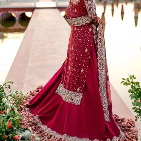 designer wedding long trail lehenga with handwork