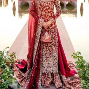 Red designer wedding long kurti with lehenga