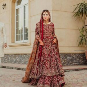 Pakistani bridal long anarkali with lehenga