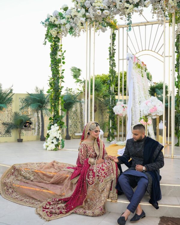 Pakistani nikaah long trail lehenga with handwork