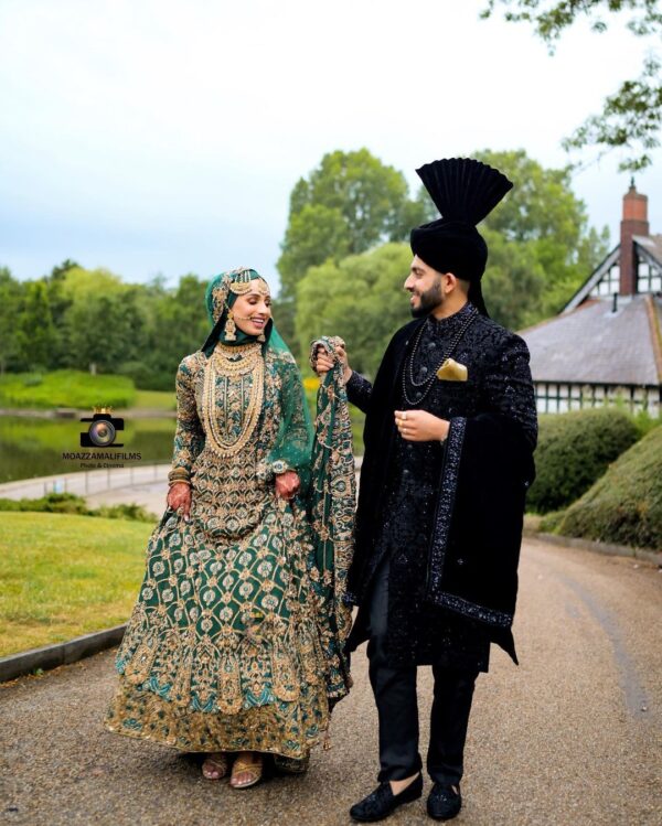 Green designer wedding long trail anarkali with lehenga and embroidery