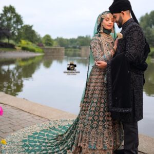 Green designer long trail anarkali with lehenga and handwork