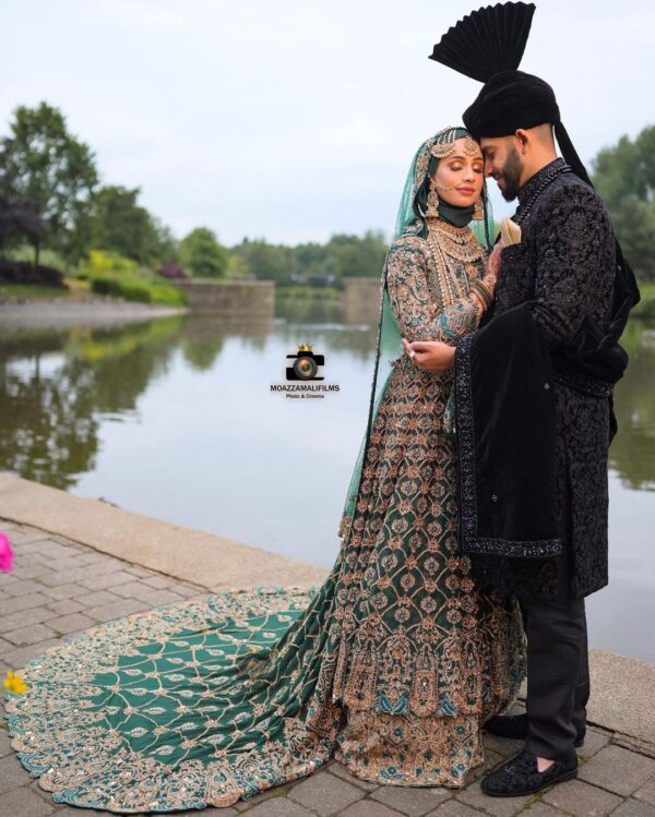 Green designer long trail anarkali with lehenga and handwork