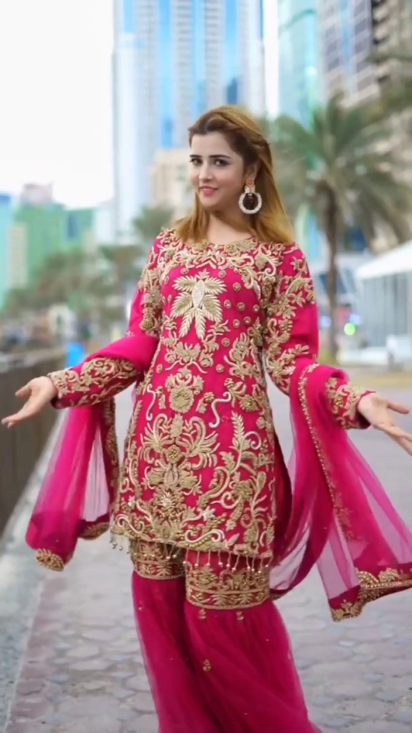 Pink designer garara with golden embroidery