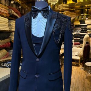 Blue designer wedding tuxedo with embroidery