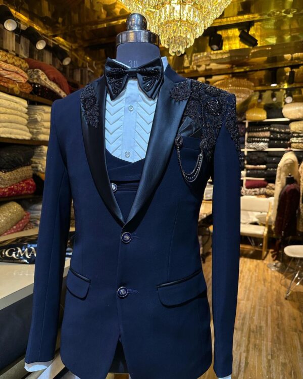 Blue designer wedding tuxedo with embroidery