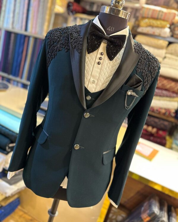 Green designer embroidered tuxedo suit