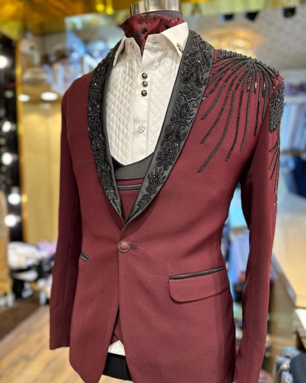 designer red tuxedo suit with handwork