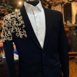black designer tuxedo suit with embroidery