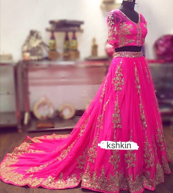 Designer Pink long trail lehenga with crop top