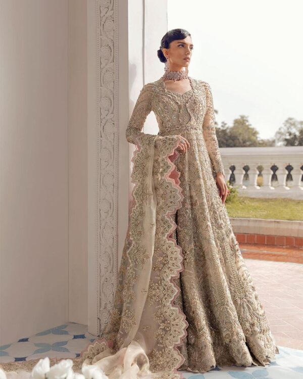 designer wedding long anarkali with lehenga and embroidery