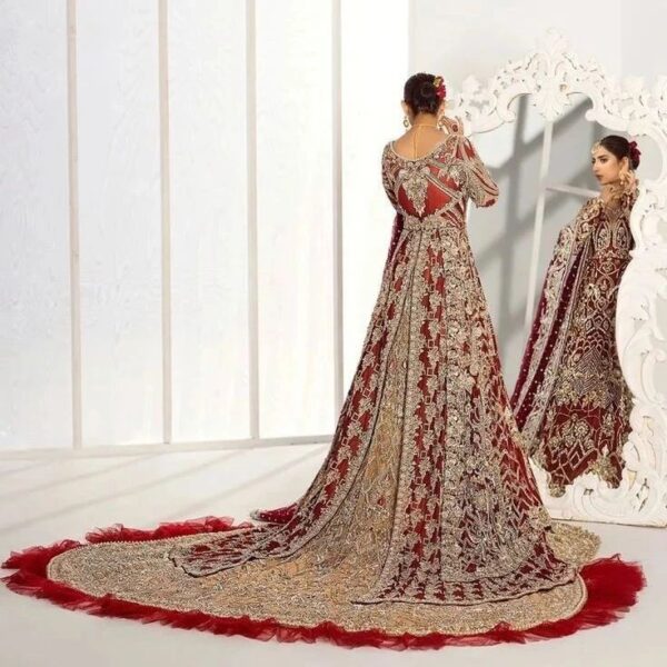 designer wedding long trail anarkali with lehenga and handwork