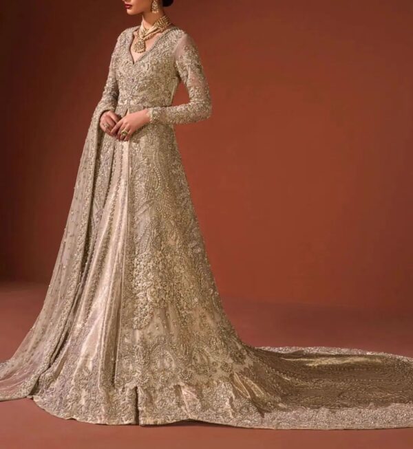 Golden designer split anarkali with lehenga