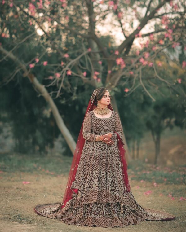 maroon wedding long anarkali with lehenga and embroidery