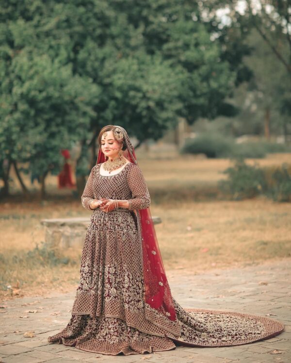maroon wedding long anarkali with lehenga