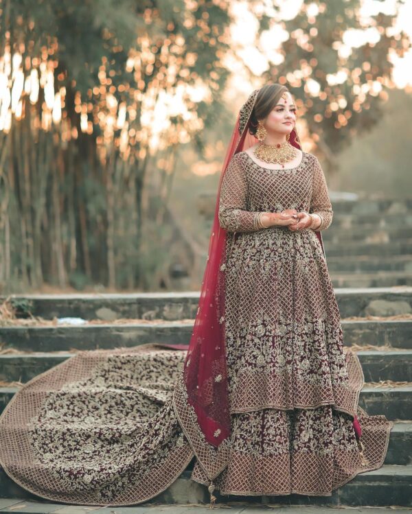 bridal long anarkali with lehenga and handwork