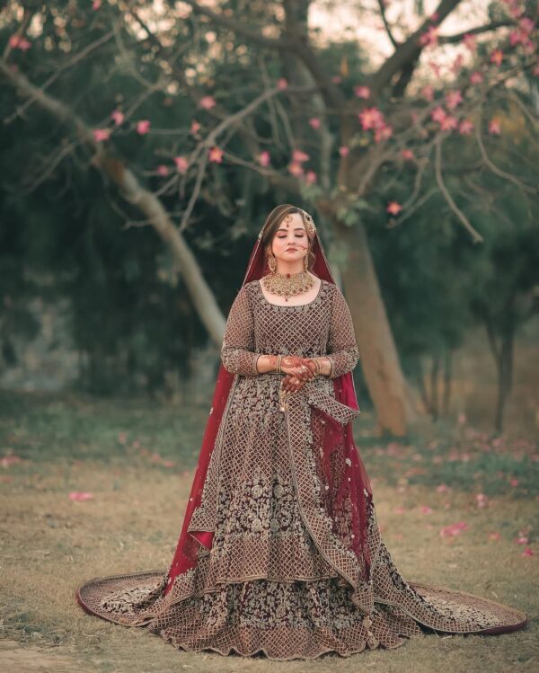 maroon bridal long anarkali with lehenga and embroidery