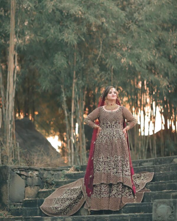 maroon designer wedding long anarkali with lehenga and handwork