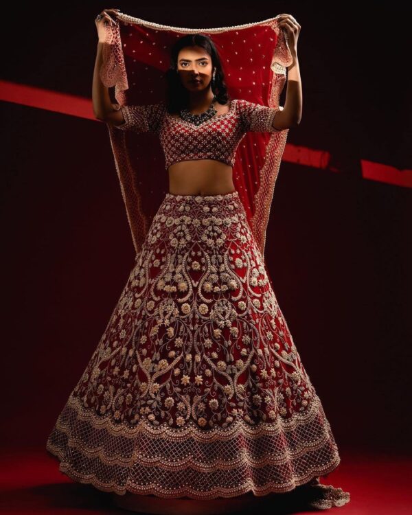 maroon designer bridal lehenga choli with embroidery