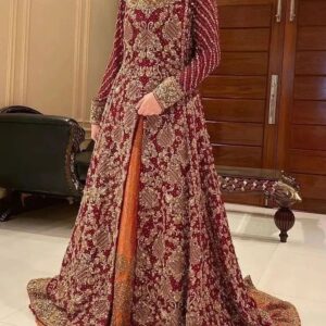 Embroidered red split jacket with lehenga