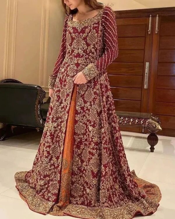 Embroidered red split jacket with lehenga