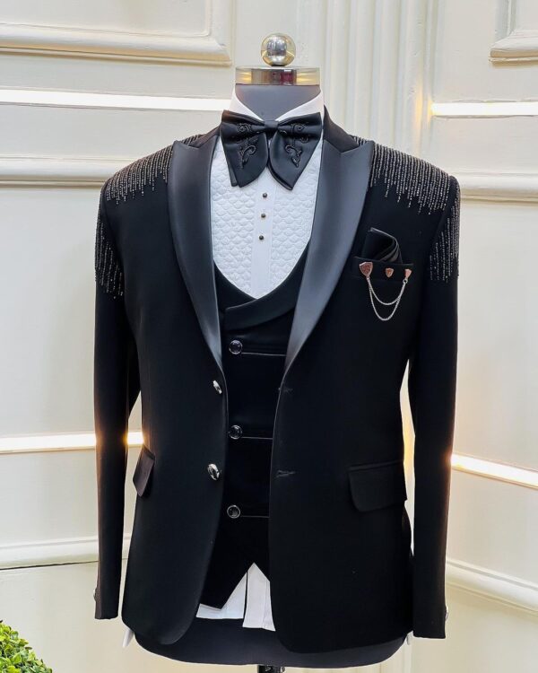 designer black tuxedo suit with embroidery