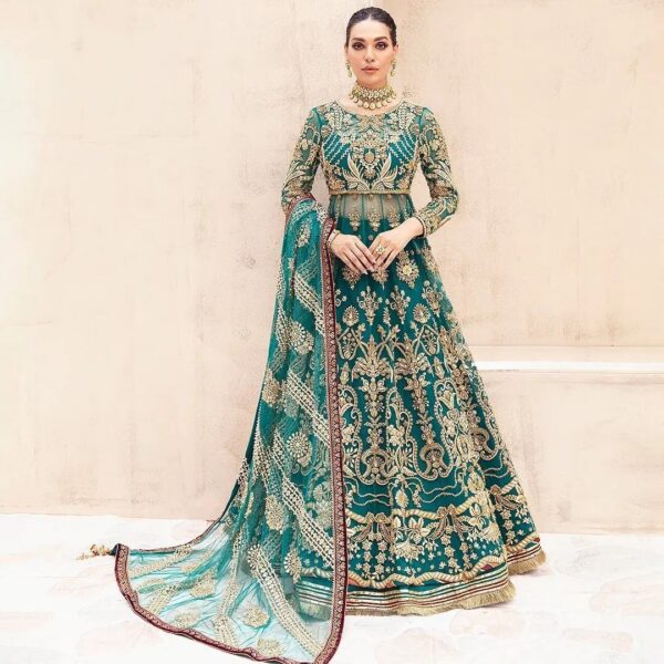 Green designer long anarkali with lehenga and embroidery