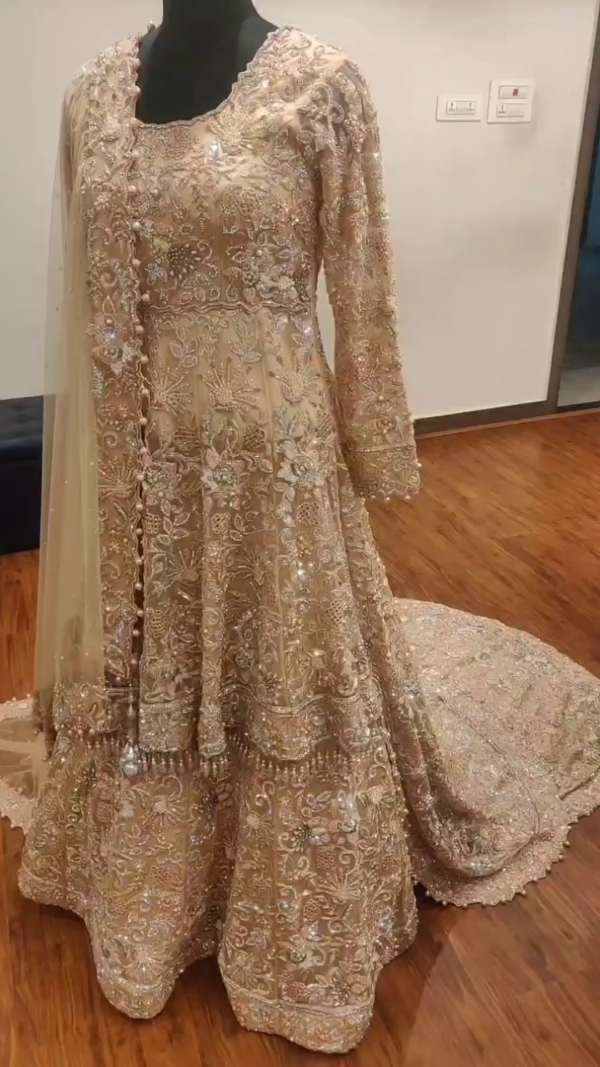 Golden designer long trail anarkali with lehenga