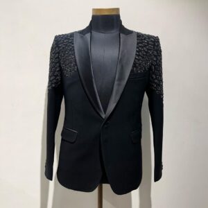 Black designer tuxedo suit with embroidery