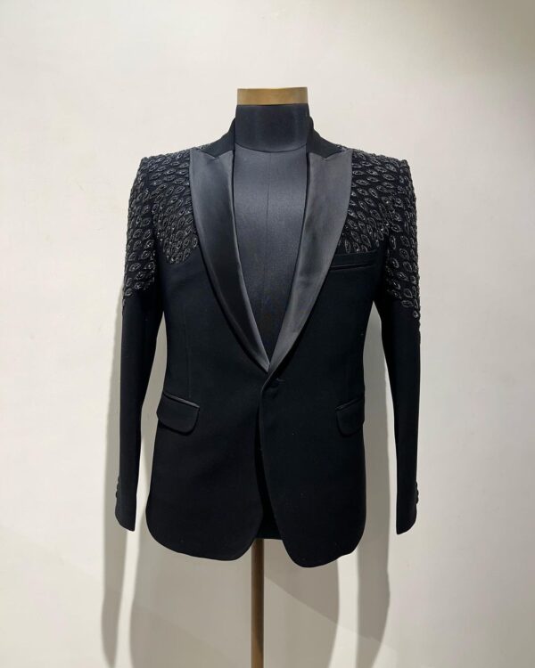 Black designer tuxedo suit with embroidery