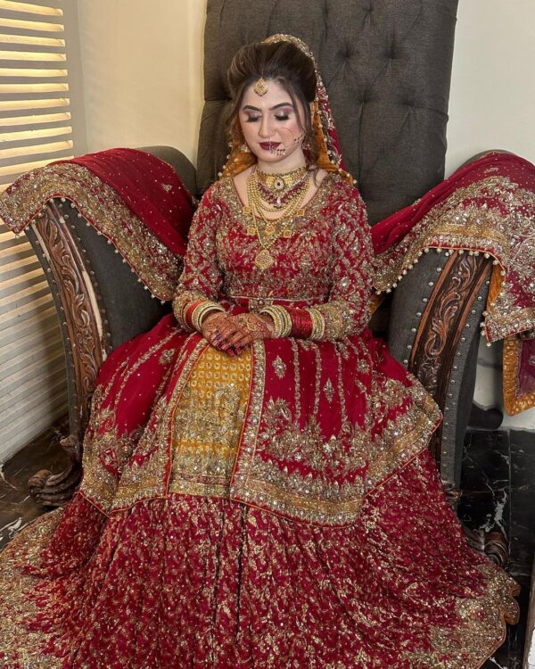 bridal red and golden lehenga with split jacket