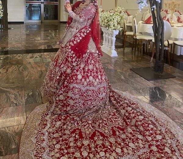 Pakistani wedding long trail lehenga with peplum