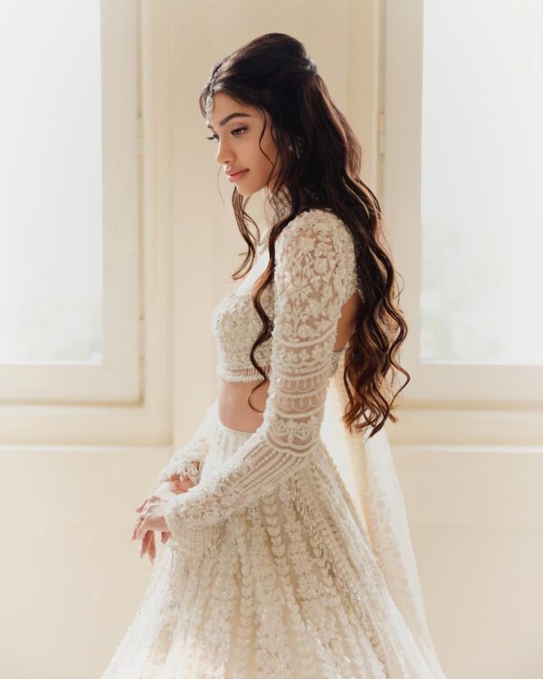 designer white wedding long veil lehenga with embroidery