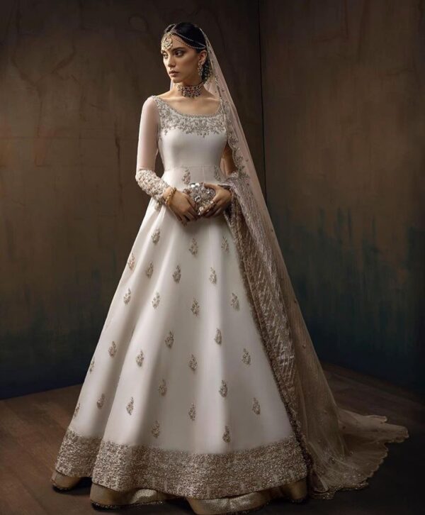 white designer Partywear anarkali with lehenga