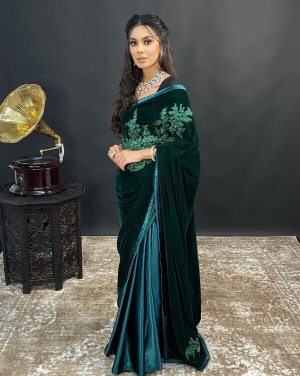 designer Green velvet saree