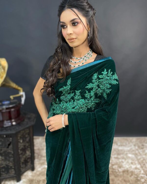 designer green saree with embroidery