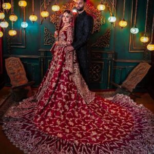 wedding long trail lehenga with short split jacket