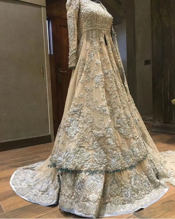 Golden anarkali with lehenga with embroidery