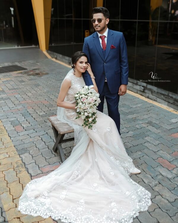 designer wedding long trail gown with embroidery