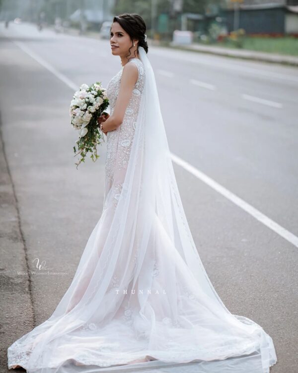 designer wedding long trail gown with embroidery