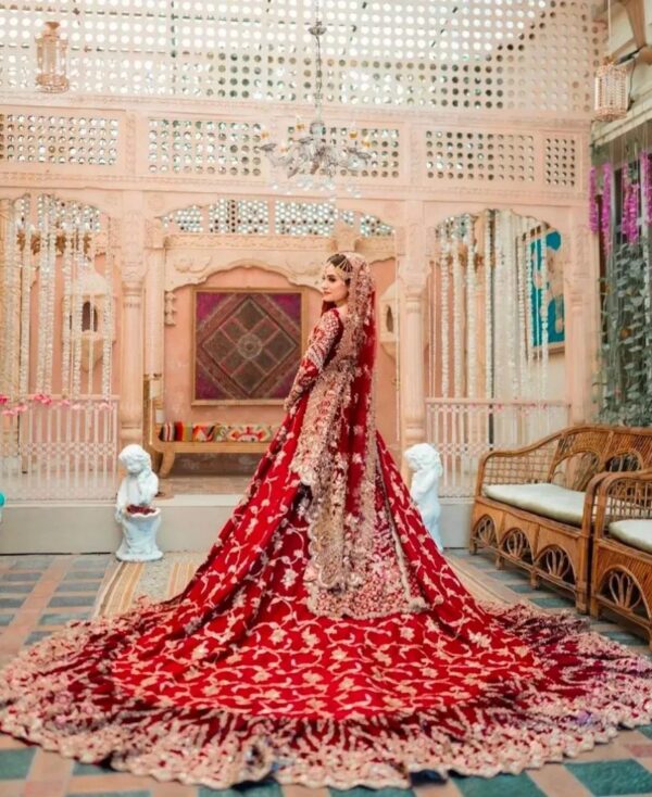 wedding long trail lehenga with handwork jacket