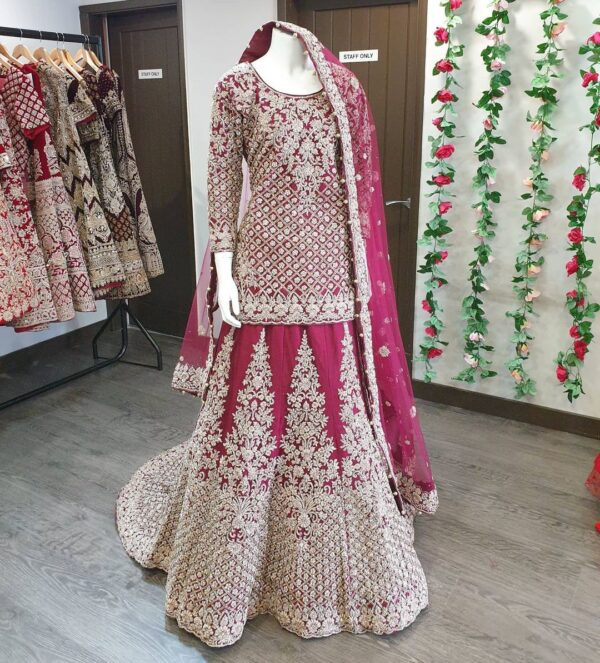 Pakistani wedding long trial lehenga with kameez