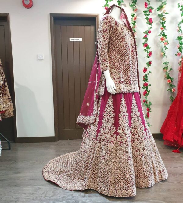 Pakistani wedding long trail lehenga with kameez and embroidery