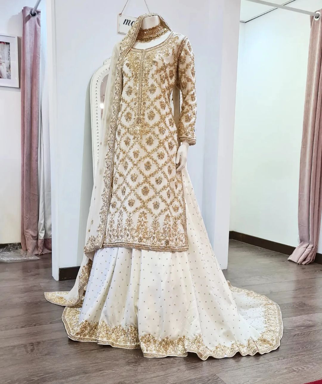 White Designer Pakistani Wedding long Trail Lehenga with Kameez with Golden  Embroidery Bespoke -