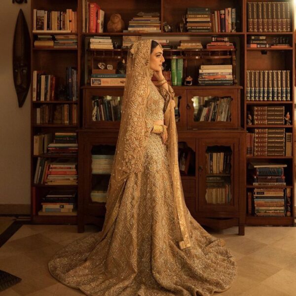 golden bridal lehenga with embroidery