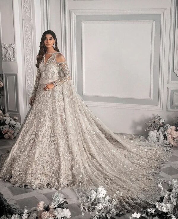 Designer wedding long trial gown with embroidery